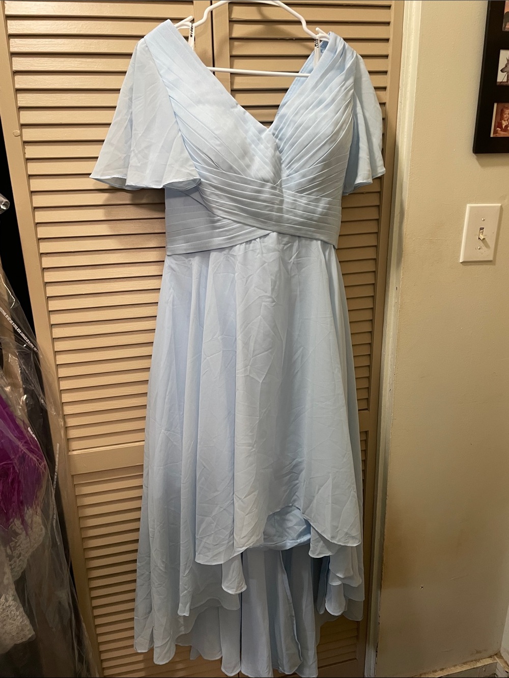 Light Blue V-Neck Flutter Sleeve Dress